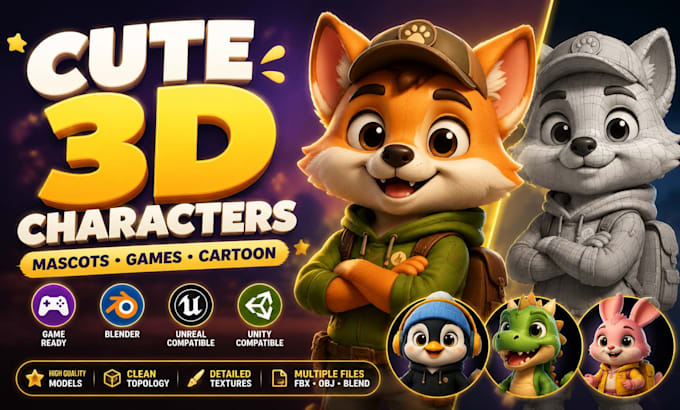 model cute 3d cartoon characters and mascots for games