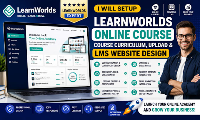 setup learnworlds online course, course curriculum, upload, lms website design