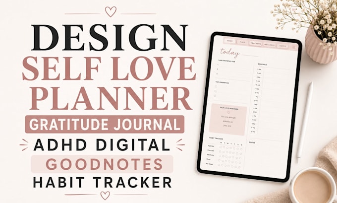 design self love planner gratitude journal adhd digital goodnotes habit tracker