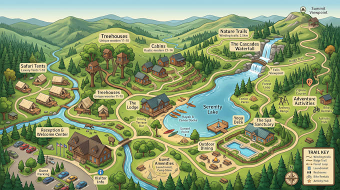 design campground map, rv park map, glamping map, resort map, trail map