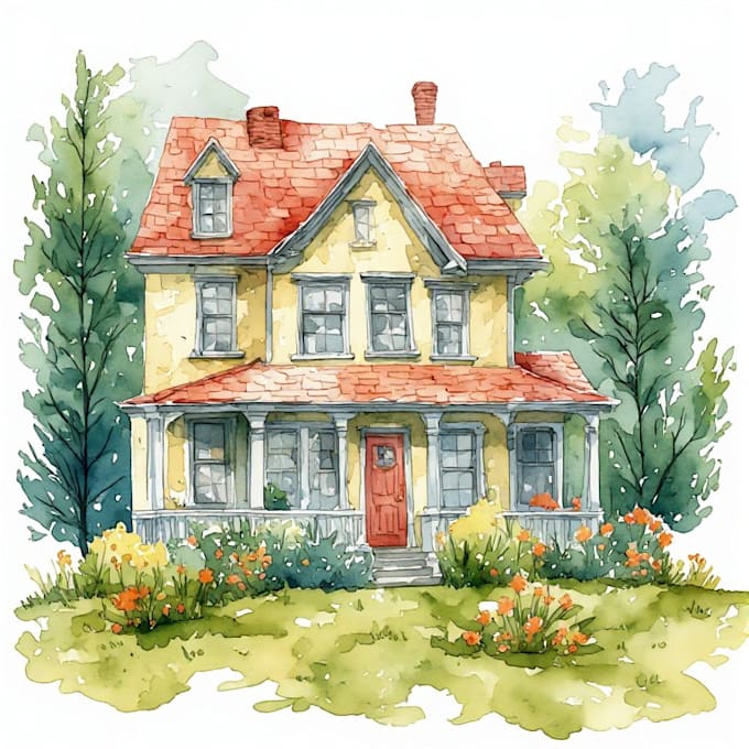 draw a watercolor landscape and house illustration