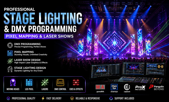 design professional stage lighting, dmx programming pixel mapping and laser show