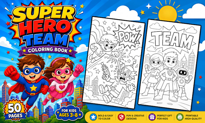 create custom superhero team coloring book pages for kids