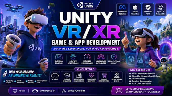develop unity VR apps for apple vision pro, oculus meta quest, xr, steamvr game