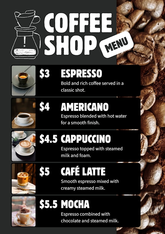 design a modern and professional coffee shop menu