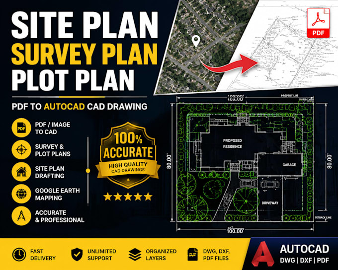 create site plan, survey plan, plot plan and convert PDF to autocad cad drawing