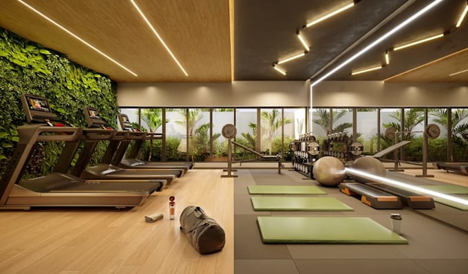 render gym interior layout, home gym 3d visual,functional fitness room 3d design