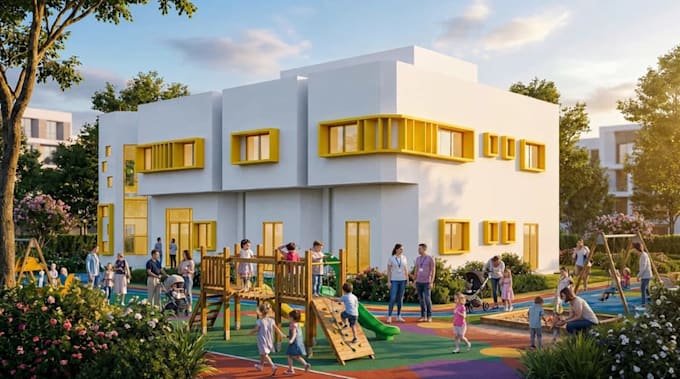 revamp modern learning space environ, preschool concept design, 3d school render