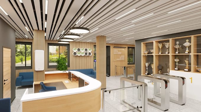 realistic cgi render for office interior layout, reception lobby 3d visual, cafe
