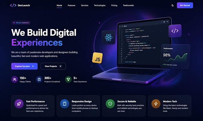 build a modern responsive landing page react, HTML, CSS, js