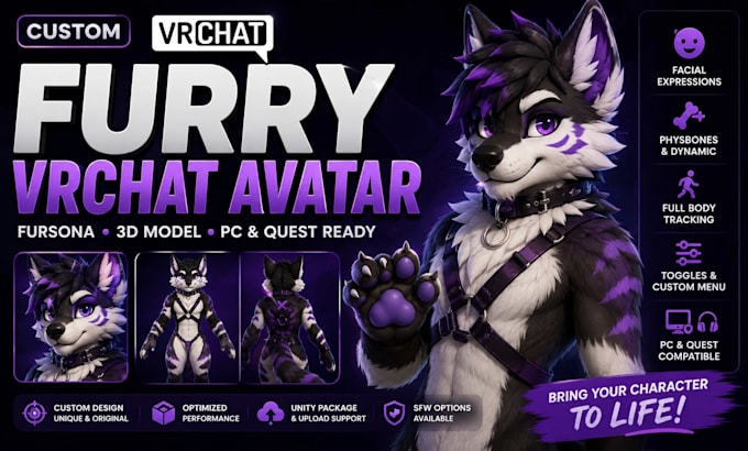 create custom vrchat furry avatar, fursona, vtuber and 3d vrchat avatar
