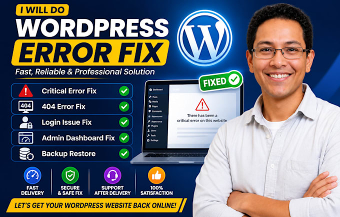 wordpress errors fix, critical error, backup restore, login issue,404 error fix