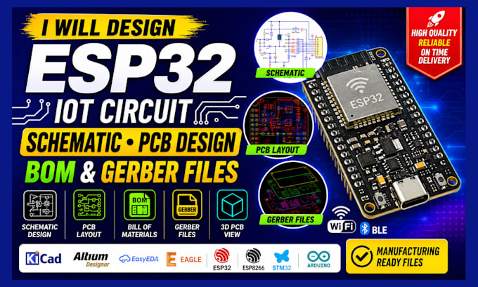 create esp32 schematic esp8266 iot crcuit pcb design bom and gerber file