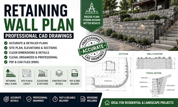 create retaining wall plans structural drawings site plans and cad drawings