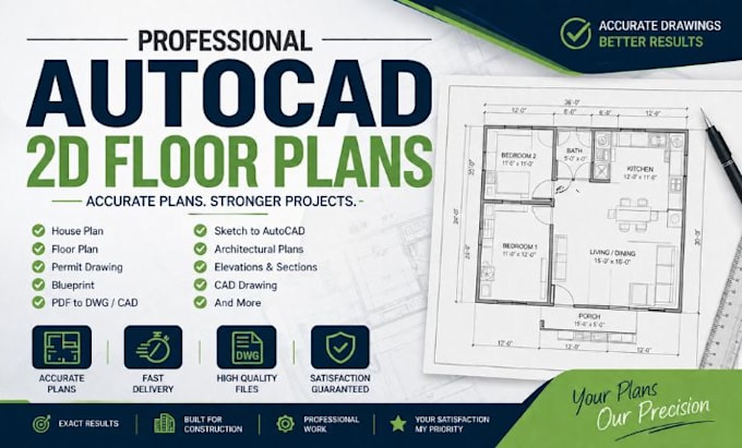 do architectural house plan, permit drawing, blueprint, autocad 2d floor plan
