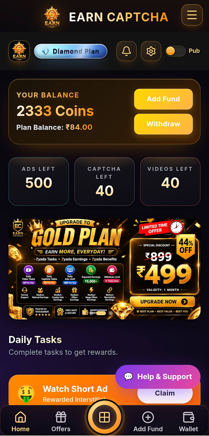 create a modern earn money, reward, cashback and task website