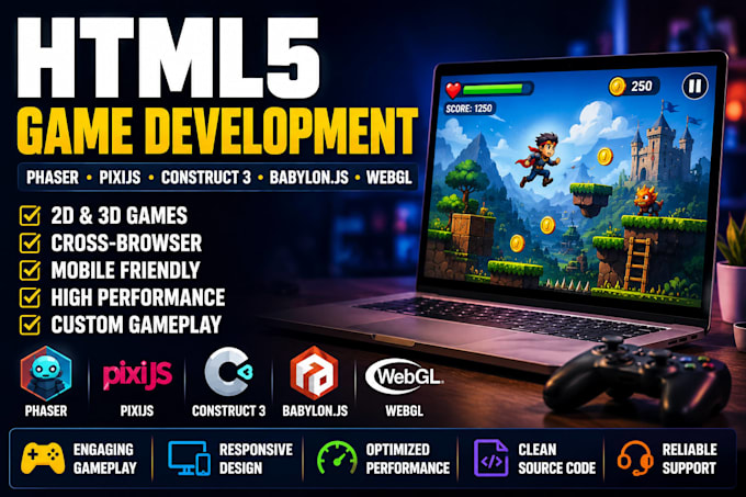 create HTML5 games using phaser, pixijs, construct 3, mugen engine, webgl game