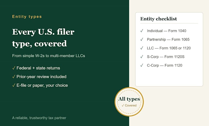 file your usa tax return for llc, s corp, c corp, and personal
