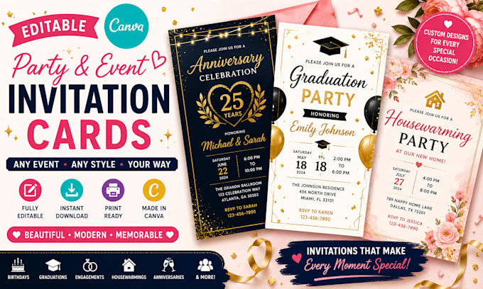 design editable party and event invitation cards in canva