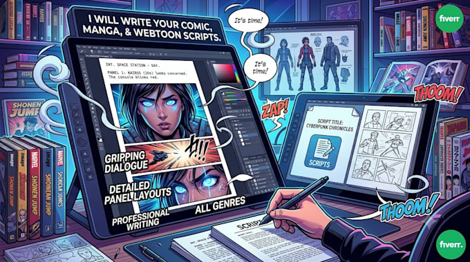 write a comic book script, manga script, webtoon, or graphic novel cartoon scrip