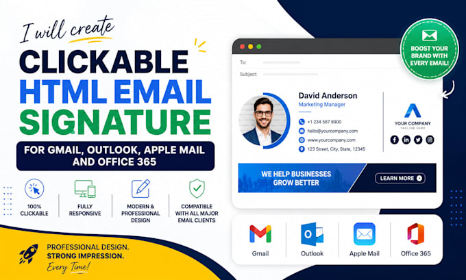create clickable htm email signature for gmail, outlook, apple mail and office