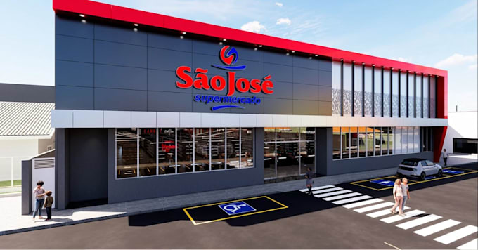 design modern 3d commercial building facade, supermarket renders, acm cladding