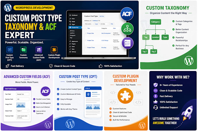 create custom post types, custom taxonomy and acf in wordpress