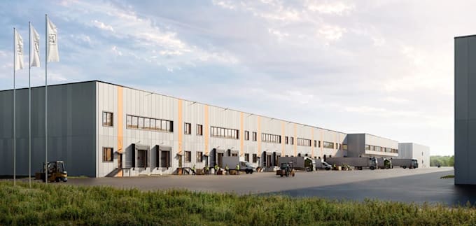 cgi 3d exterior warehouse retail,industrial load dock,logistic site plan render