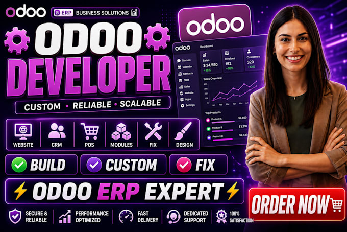 develop odoo website integrate web app CRM pos modules fix odoo erp design