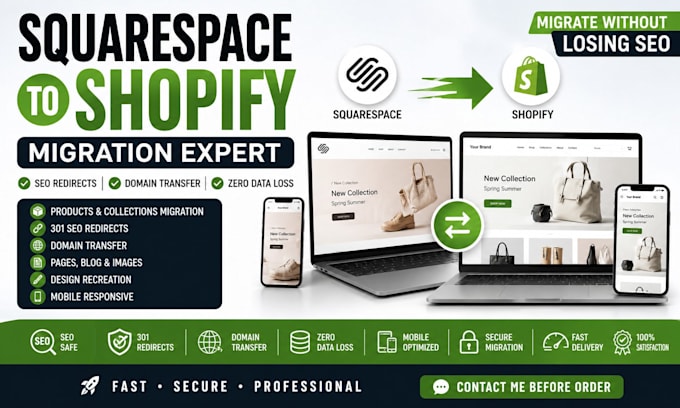 migrate squarespace website to shopify with SEO redirects domain transfer