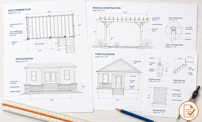 create kitchen deck permit drawings, pergola, patio and porch plans 3d render