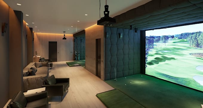 redesign 3d indoor golf,cgi golf simulator interior layout render,3d indoor game