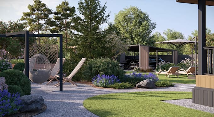 render proposed landscape surroundings, site layout design,garden outdoor visual