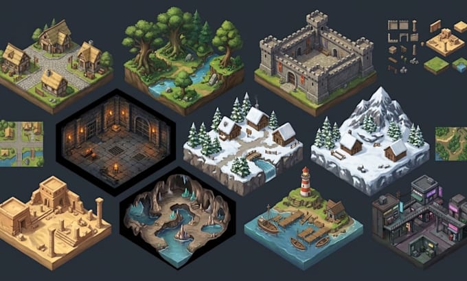 design isometric tilemap and tileset rpg game map seamless, snow tiles pixel art