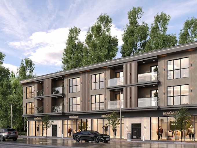 render 3d apartment house, mixed use exterior, commercial building visualization