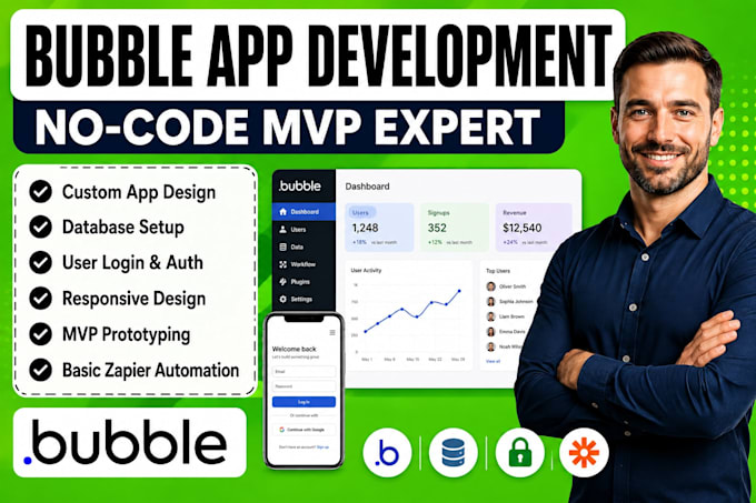 build a simple bubble io app or mvp prototype with database, zapier automation