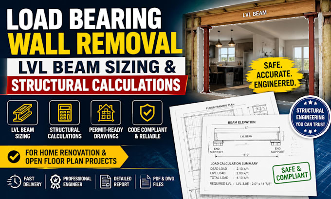 do load bearing wall removal design, lvl beam sizing and structural calculations