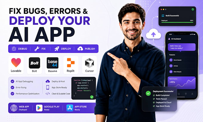 fix bugs errors deploy lovable bolt base44 replit ai cursor vibe coded app store