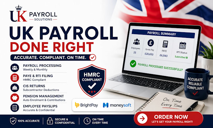 process UK payroll, paye, cis returns, hmrc rti filing using brightpay and money