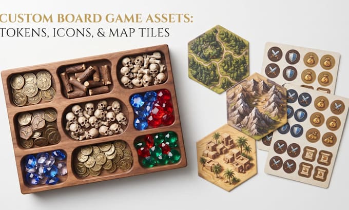 design board game tokens, resource icons, and map tiles, mechanics game