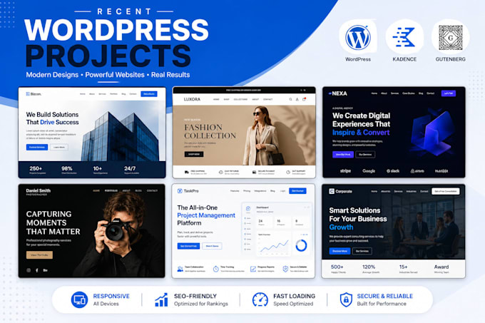 design wordpress website using kadence, gutenberg, blocksy, generatepress web