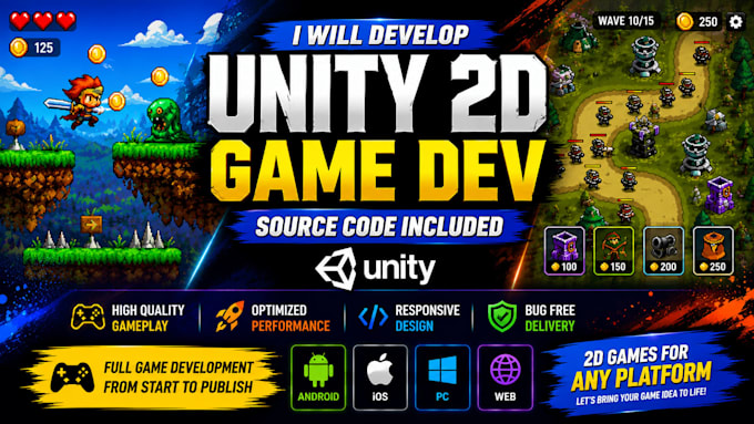 develop a professional unity 2d game for mobile, PC, and web