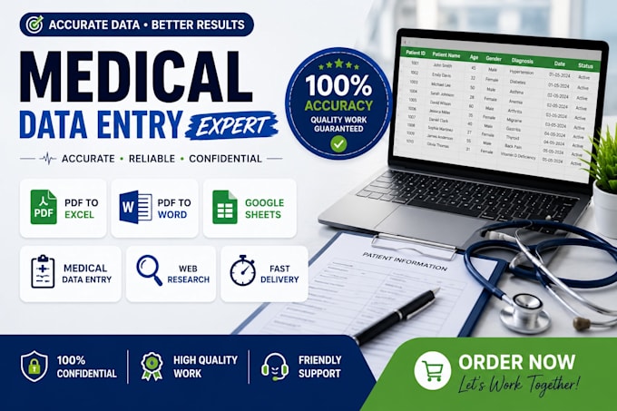 do medical data entry, PDF to excel, google sheets and web research