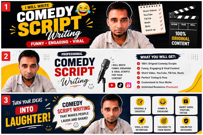 write funny comedy scripts for youtube, tiktok and facebook