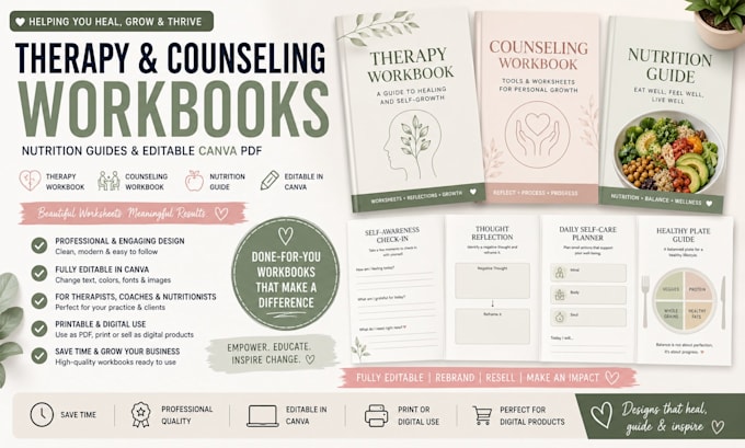 design therapy workbook counseling workbook, nutrition guide, canva editable PDF