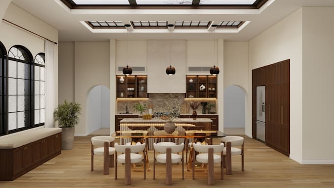 do 3d interior design for living room, kitchen, bathroom, dining, bedroom