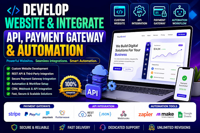 develop website and integrate api payment gateway and automation