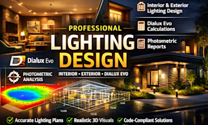 design professional photometric lighting plan using diallux evo, floor plans