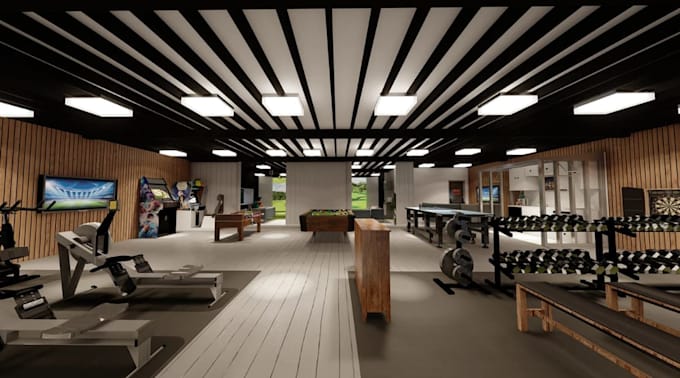 render 3d gym interior layout,indoor golf simulator design,padel court 3d visual