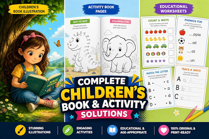 create kids activity book, children book illustration,